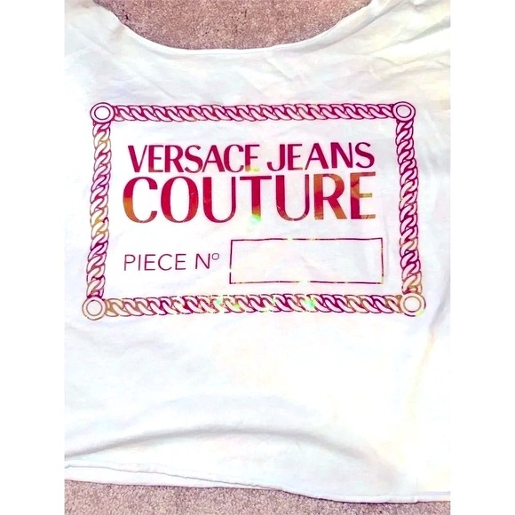 Authentic Versace Jeans Couture iridescent logo Off-Shoulder White Crop Tee L - Picture 6 of 8